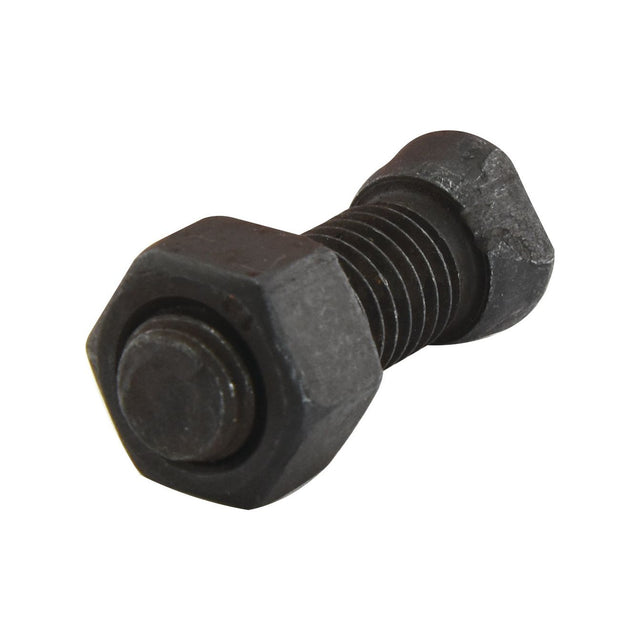 Close-up of a black, Sparex Conical Head Bolt 2 Flats With Nut (TC2M) - M14x39mm, with a nut threaded onto it, displaying visible metric threads and an impressive tensile strength of 12.9.