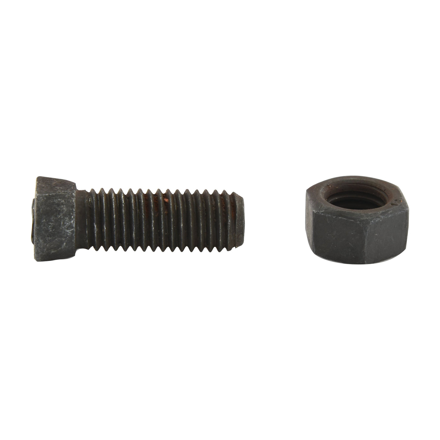 A Conical Head Bolt 2 Flats With Nut (TC2M) - M14x39mm, alongside its matching hex nut, are placed side by side on a white background. With a tensile strength of 12.9, this Sparex bolt set (Sparex Part No.S.21404) is dependable for heavy-duty applications.