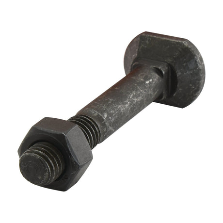 A black metal bolt with a rectangular head and nut, M12 x 90mm, featuring impressive tensile strength 12.9 for superior durability. Product Name: Rectangular Head Bolt With Nut (TRCC) - M12 x 90mm, Tensile strength 12.9 (25 pcs. Box) | Sparex Part No.S.21417 by Sparex.