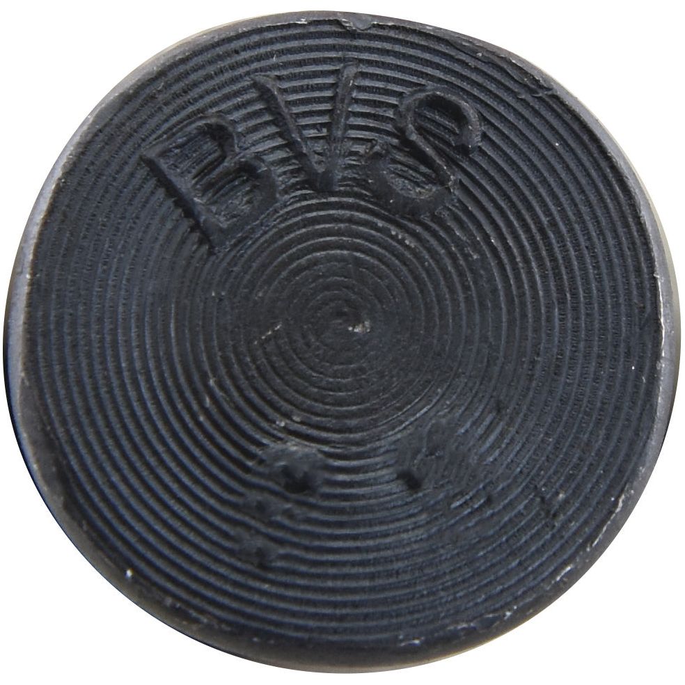 A black circular object with concentric grooves and raised letters "BVS" on its surface, reminiscent of a Sparex M12 x 35mm Round Countersunk Square Hex Bolt & Nut (TFCC) known for its tensile strength of 12.9.