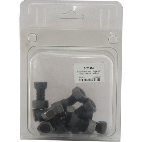 A sealed plastic bag contains a package of black-colored bolts with nuts. The label reads “S.21450” and describes the contents as "Conical Head Bolt 2 Flats With Nut (TC2M) - M12 x 35mm." These Sparex bolts have a tensile strength of 12.9, ensuring durability in demanding applications.