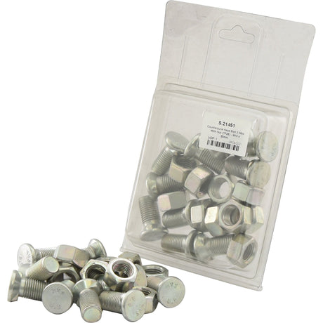 A pack of Sparex Countersunk Head Bolt 2 Nibs with Nut (TF2E) - M14 x 30mm, tensile strength 8.8 (10 pcs. Agripak), with some spilled in front of the plastic packaging. The label on the package indicates product details, including tensile strength 8.8, and Sparex Part No.S.21451.