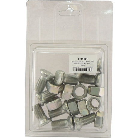 A plastic package containing several Countersunk Head Bolt 2 Nibs With Nut (TF2E) - M14 x 30mm, tensile strength 8.8 (10 pcs. Agripak), with a product label displaying specifications including: item number S.21451, brand name Sparex.