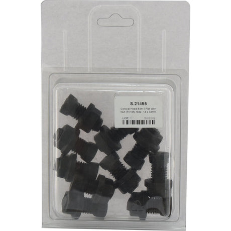 Plastic package containing ten black conical head bolts with hex nuts, labeled with product information including model number S.21455, TC1M designation, size M14x34mm, and UPC barcode. The product is named "Conical Head Bolt 1 Flat with Nut (TC1M)," manufactured by Sparex.