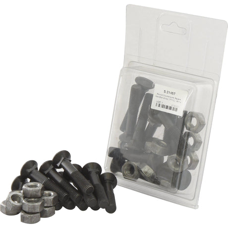 A pile of Sparex Round Countersunk Square Hex Bolts & Nuts (TFCC) - M11 x 60mm, tensile strength 8.8, is shown next to a clear plastic packaging labeled with Sparex Part No.S.21457 containing more of the same items in a 10-piece Agripak.