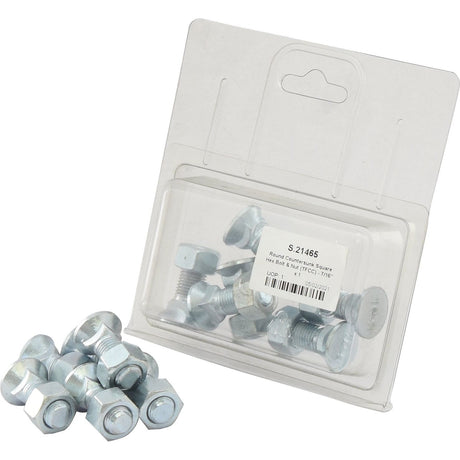 A package of Sparex Round Countersunk Square Hex Bolt & Nut (TFCC) - 7/16'' x 1 1/4'' with tensile strength 8.8, in a clear plastic container, containing six pieces labeled as Sparex Part No.S.21465, with some nuts and bolts scattered outside the package.