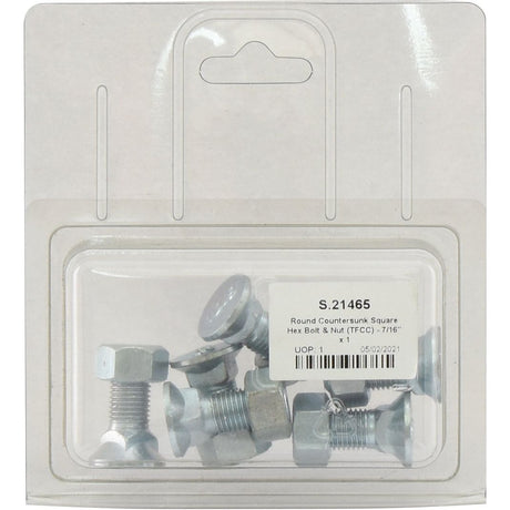 A plastic package from Sparex containing six round countersunk square hex bolts and nuts, labeled "Round Countersunk Square Hex Bolt & Nut (TFCC) - 7/16'' x 1 1/4'' Tensile strength 8.8 (6 pcs. Agripak), Sparex Part No.S.21465".