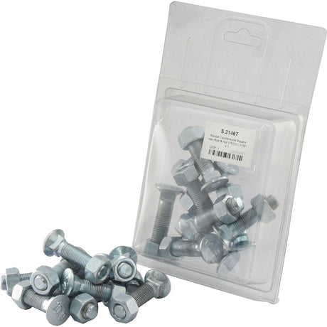 A clear plastic package containing several metallic Round Countersunk Square Hex Bolts & Nuts (TFCC) - 7/16'' x 1 3/4'' with a tensile strength of 8.8, along with additional loose bolts and nuts positioned in the foreground, all under the Sparex brand (Product No. S.21467).