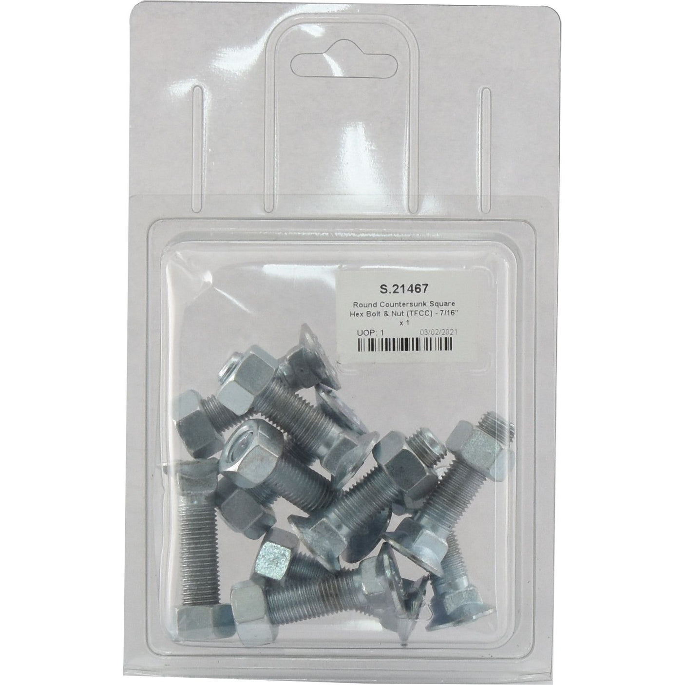 A clear plastic package labeled "Sparex Part No. S.21467" contains ten round countersunk square hex bolts and nuts (TFCC), each measuring 7/16'' x 1 3/4'', with a tensile strength of 8.8.