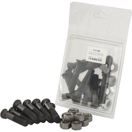 A pack of Round Countersunk Square Hex Bolts and Nuts (TFCC) - 7/16'' x 55mm by Sparex, along with washers, is displayed with some bolts, washers, and nuts outside the packaging. The pack features a labeled white sticker with product information. These Sparex products include bolts with a tensile strength of 8.8 for high durability, provided in a set of 10 pieces under Agripak packaging (Sparex Part No.S.21469).