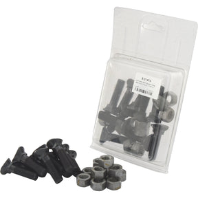 A pack of black Sparex Oval Head Bolt Square Collar With Nut (TOCC) - 7/16'' x 1 3/4'', featuring oval head bolts with a square collar and a tensile strength of 8.8 (10 pcs. Agripak), along with additional UNF thread bolts and nuts placed outside the packaging, identified by Sparex Part No.S.21473.