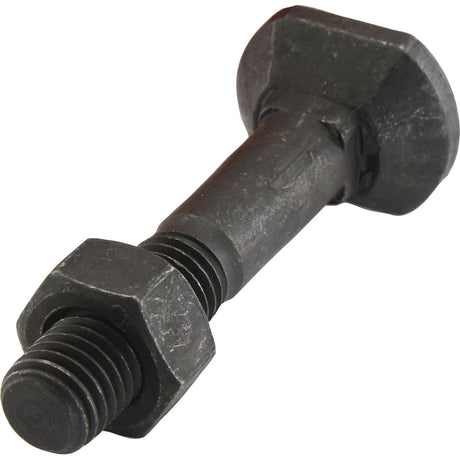 A close-up view of a Rectangular Head Bolt With Nut (TRCC) - M12 x 60mm, from Sparex Part No.S.21474 with tensile strength 12.9, featuring a hex nut partially screwed onto it, both showing signs of wear and use.