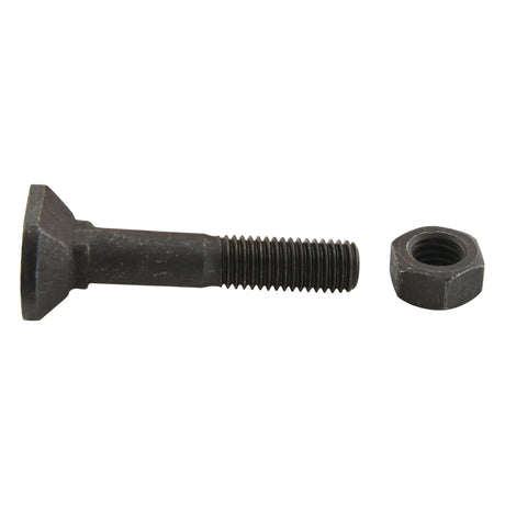 A black metal Rectangular Head Bolt With Nut (TRCC) - M12 x 60mm, with tensile strength 12.9, from Sparex (Sparex Part No.S.21474), showcased on a white background. The bolt features a flat head and threaded shaft.