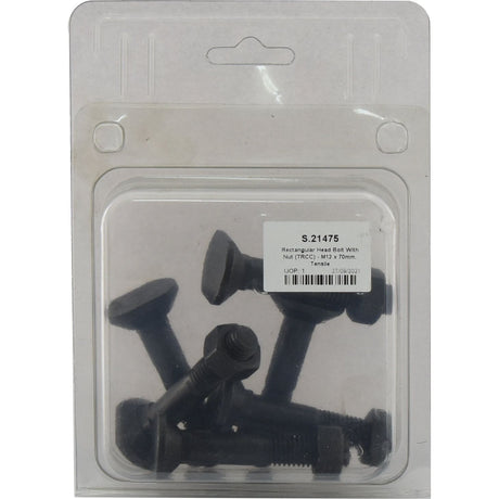 A sealed plastic package containing six Sparex M12 x 70mm Rectangular Head Bolts with Nuts (TRCC), labeled with the item code "S.21475" and tensile strength 12.9.