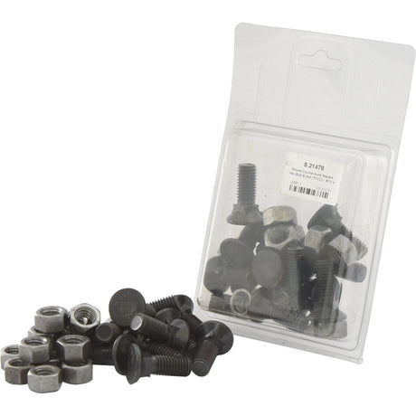 A package of assorted dark-colored bolts, featuring the Sparex Round Countersunk Square Hex Bolt & Nut (TFCC) - M12 x 35mm with a tensile strength of 12.9 (12 pcs. Agripak, Sparex Part No.S.21478), and several nuts scattered outside the package.