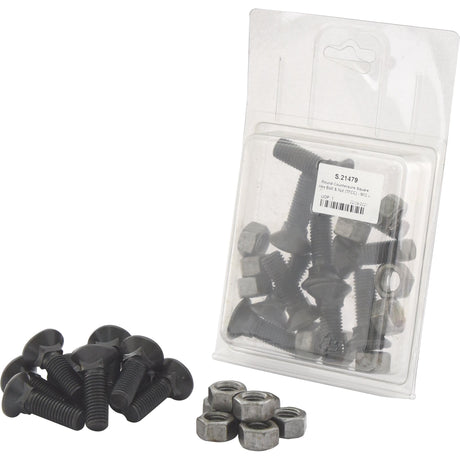 A plastic package of Round Countersunk Square Hex Bolt & Nut (TFCC) - M12 x 40mm, with a few bolts and nuts showcasing their tensile strength of 12.9 scattered outside the package. (10 pcs. Agripak) | Sparex Part No.S.21479, Brand: Sparex