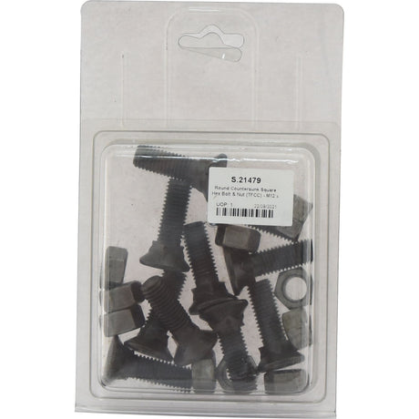 A blister pack labeled with the Sparex Part No. S.21479 contains ten Round Countersunk Square Hex Bolts & Nuts (TFCC) – M12 x 40mm, with a tensile strength of 12.9, packaged as part of the Agripak series from Sparex.