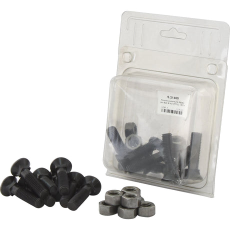 A package of Sparex Round Countersunk Square Hex Bolts & Nuts (TFCC) - M12 x 50mm, Tensile strength 12.9, with some bolts and nuts placed beside the clear plastic packaging displaying product details and the Sparex Part No. S.21480 (8 pcs., Agripak).