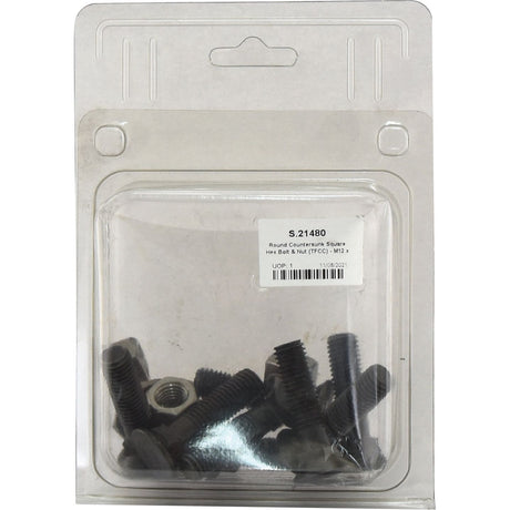 A small clear plastic package containing black hex bolts and nuts is labeled "Round Countersunk Square Hex Bolt & Nut (TFCC) - M12 x 50mm, Tensile strength 12.9 (8 pcs. Agripak) | Sparex Part No.S.21480.