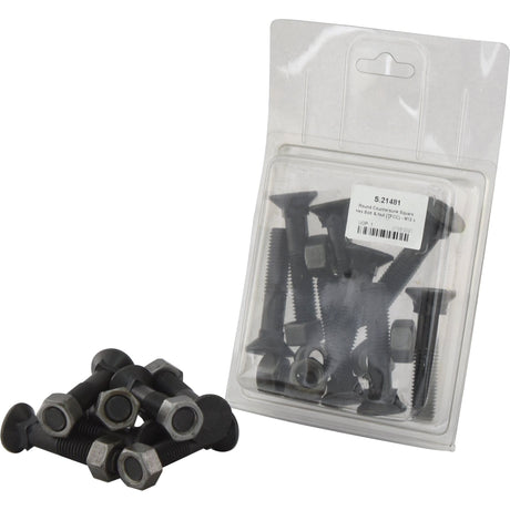 A package of Sparex Round Countersunk Square Hex Bolt & Nut (TFCC) - M12 x 60mm, Tensile strength 12.9 (8 pcs. Agripak, Sparex Part No.S.21481), with some loose identical screws placed beside it for added versatility.