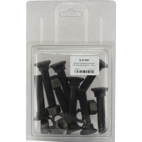 A plastic package labeled Sparex containing eight Round Countersunk Square Hex Bolts & Nuts (TFCC) with a tensile strength of 12.9 and a size of M12 x 60mm. The product is identified by code S.21481.