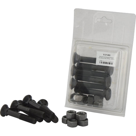 Pack of Sparex Round Countersunk Square Hex Bolts & Nuts (TFCC) - M12 x 70mm, Tensile strength 12.9 (6 pcs. Agripak) in transparent plastic packaging with additional bolts and nuts, including some placed outside the container, Sparex Part No.S.21482.