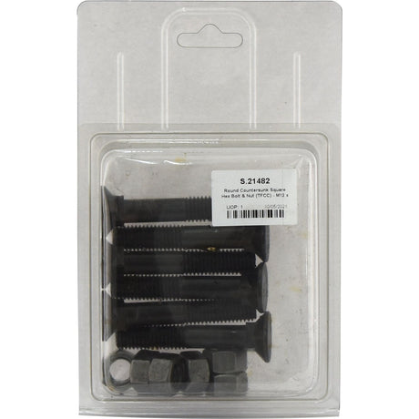 A clear plastic packaging contains several black Round Countersunk Square Hex Bolts & Nuts (TFCC) - M12 x 70mm, labeled with the Sparex Part No. S.21482, tensile strength 12.9, and a barcode.