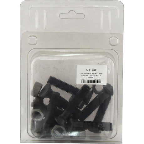 A clear plastic package containing several black screws, nuts, and an Oval Head Bolt Square Collar With Nut (M12 x 60mm, Tensile strength 8.8). A label on the top indicates the contents as Sparex Part No. S.21487.