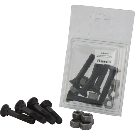 A package containing the Sparex Round Countersunk Square Hex Bolt & Nut (TFCC) - M12 x 65mm with a tensile strength of 12.9 includes six pieces in an Agripak, along with a few bolts and nuts placed outside the packaging for added convenience. The black Hex Bolt & Nut set offers superior durability, ensuring reliable performance.