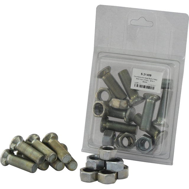 A package containing Countersunk Head Bolt 2 Nibs With Nut (TF2E) - M14 x 45mm, along with several additional bolts and nuts placed beside the package on a white background. Notably, these Sparex Part No.S.21489 bolts feature a tensile strength of 8.8, making them ideal for robust applications.