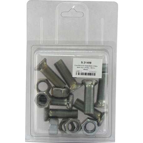 A clear plastic package contains various metal bolts and nuts. The label displays "Countersunk Head Bolt 2 Nibs With Nut (TF2E) - M14 x 45mm," "Tensile strength 8.8," "Sparex Part No.S.21489," and indicates that it includes eight pieces in an Agripak.
