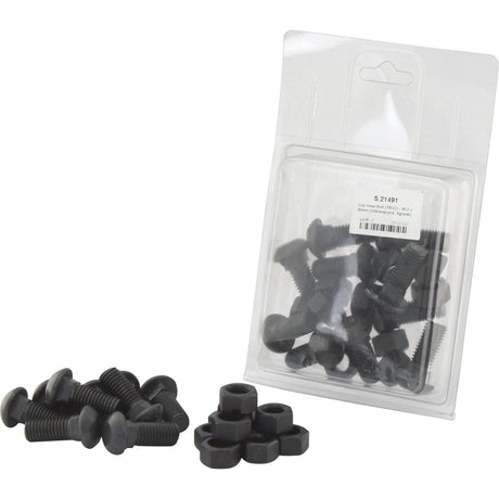 A package of Cup Head Bolts (Metric Threads, tensile strength 12.9), model TBCC - M12x30mm (10 pcs. Agripak), Sparex Part No. S.21491, with some loose ones displayed in front of the packaging.

Or slightly rephrased:

A package containing 10 black Cup Head Bolts and nuts with metric threads and a tensile strength of 12.9 (Sparex Part No. S.21491, TBCC - M12x30mm) from Sparex, along with a few loose bolts displayed in front of the packaging.
