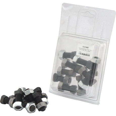 A blister pack labeled by Sparex includes multiple bolts and nuts, featuring the Conical Head Bolt 2 Flats With Nut (TC2M) in M12x35mm size with a tensile strength of 12.9 (10 pcs. Agripak), accompanied by additional loose bolts and nuts placed in front of the package. The specific product is marked as Sparex Part No.S.21492.