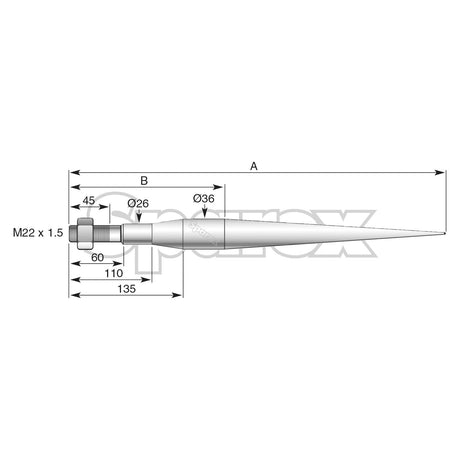 Technical drawing of a Loader Tine - Straight 650mm from Sparex, product code S.21500. Labels include M22 x 1.5, 45, 60, 110, 135, B: 26, Ø26, Ø36, and A. The tine features varying diameters and lengths designed to provide maximum torque efficiency.