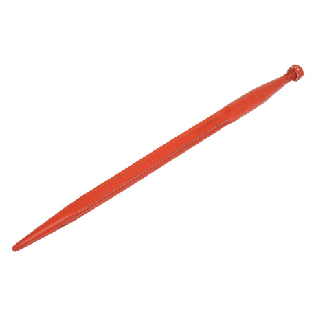 The Sparex Loader Tine - Straight 680mm is a red, elongated, cylindrical tool resembling a stake with a pointed end and a small, rectangular knob on the opposite end. This SHW tool features a Maximum Tine Ø36mm and follows the Conus 1 standard, with an M22 x 1.50 (H - fluted) thread size (S.21502).