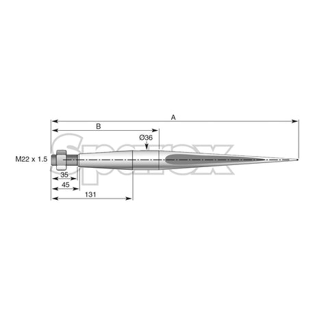 Technical diagram of the Loader Tine - Straight 680mm by Sparex, a cylindrical metal object with dimensions labeled in millimeters, including sections marked as M22 x 1.50 (H - fluted), 45 mm, 35 mm, Maximum Tine Ø36mm, and 131 mm.