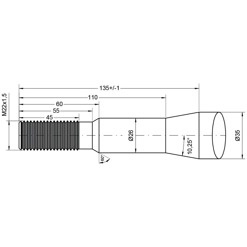 Technical drawing of a cylindrical, threaded component with thread size M22 x 1.50 (Star), including dimensions and measurements labeled such as lengths, diameters, and angles for the Sparex Loader Tine - Straight 1100mm, to fit as DBA035 | Sparex Part No.S.21503.