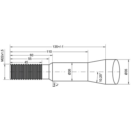 The technical drawing of the Loader Tine - Straight 1,400mm from Sparex showcases various dimensions in millimeters, including a threaded section labeled M22 x 1.50 and an overall length of 135±1. The drawing also details the special conus design, ensuring maximum torque for secure fastening.