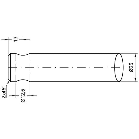 Technical drawing of the Loader Tine - Curved 560mm, (Round) - S.21505 with dimensions. The maximum tine Ø25mm is labeled, and the length is unspecified. Additional measurements include 12.5mm, 13mm, and 2x45°. This product is from the Sparex brand.
