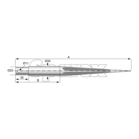 Technical drawing of a cylindrical object labeled as the "Loader Tine - Straight 860mm, (Star) - S.21508" by Sparex, with precise dimensions marked, including diameters, lengths, and maximum tine. The object features a tapering end and various measurements indicated with arrows and numbers.