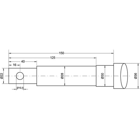 Technical drawing of the Loader Tine - Straight 830mm (Star) - S.21510 by Sparex, featuring various diameter measurements, lengths, and specifications marked, including pin fitting details.