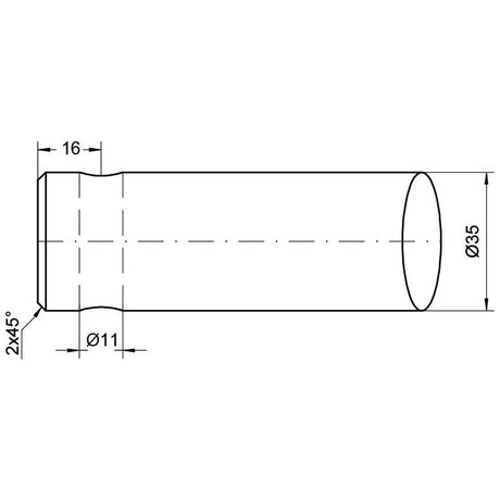 The technical drawing of the Loader Tine - Straight 760mm, (Star) - S.21511 by Sparex, a cylindrical mechanical part ideal for pin fitting, includes dimensions labeled: 35 mm diameter, 16 mm length, and an 11 mm inner diameter. The ends are chamfered at 45 degrees.