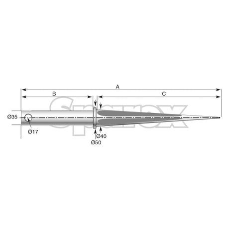 Technical drawing of the Loader Tine - Straight 850mm, (Star) - S.21514 from Sparex, a tapered cylindrical object with a pin fitting, showing measurements. Diameter at base is 35mm, narrowing to 17mm, with total length labeled as A and segments B and C.