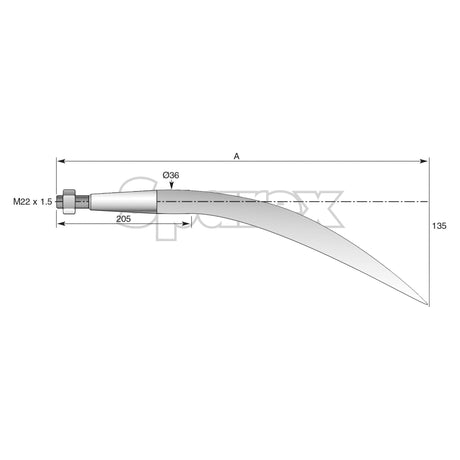 A technical diagram of the Loader Tine - Curved 680mm from Sparex. The tine measures 205mm along its straight edge and 135mm in height, with a diameter of Ø36mm and a threaded screw marked M22 x 1.5 at one end, capable of handling maximum torque up to 500Nm.