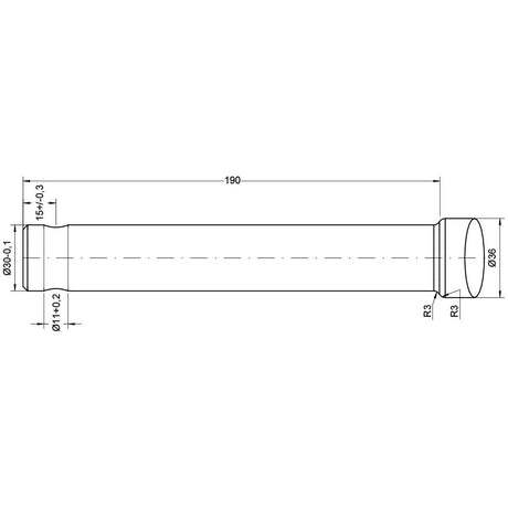 Technical drawing of the Loader Tine - Straight 820mm (Sparex S.21517) cylindrical component with specified dimensions of 190 mm in length and a maximum tine diameter of 30 mm. Other features include grooves, radii, and tolerance values for precise pin fitting.