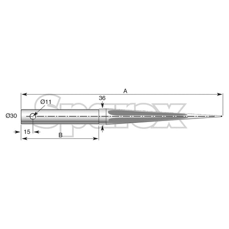 A technical diagram of the Sparex Loader Tine - Straight 1,200mm (Star) - S.21518 component with various measurements denoted as A, B, Ø30 (Maximum Tine Ø30), Ø11, and 36.