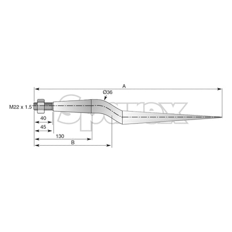 Technical drawing of the Loader Tine - Cranked 880mm (Sparex S.21519), with dimensions labeled. The component has a bent shape, and various measurements including diameter, length, width, and Tine Length 880 mm are specified. The thread size is M22 x 1.50 (Star).