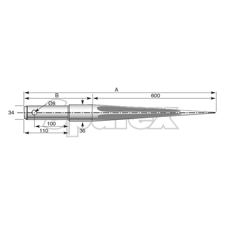 Technical diagram of the Loader Tine - Straight 1,100mm, (Star) - S.21521 by Sparex, a cone-shaped object with dimensions including 600mm length, 34mm maximum tine diameter, and various measurements for other parts labeled A, B, alongside specific pin fittings.