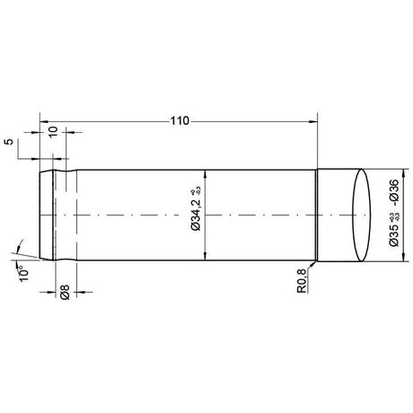 Technical drawing of the Loader Tine - Straight 1,100mm, (Star) - S.21521 by Sparex, featuring a cylindrical component with a 10-degree angled edge, a length of 5 units, a maximum tine diameter of 28 units at one end, and varying diameters and lengths along the cylinder.