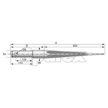 A technical drawing of the Sparex Loader Tine - Straight 1,300mm (Star) - S.21522 showcases a tapered metal spike with labeled dimensions, including a total length of 600mm, a maximum tine diameter of 34mm at the base, and narrowing to an 8mm diameter at the tip.